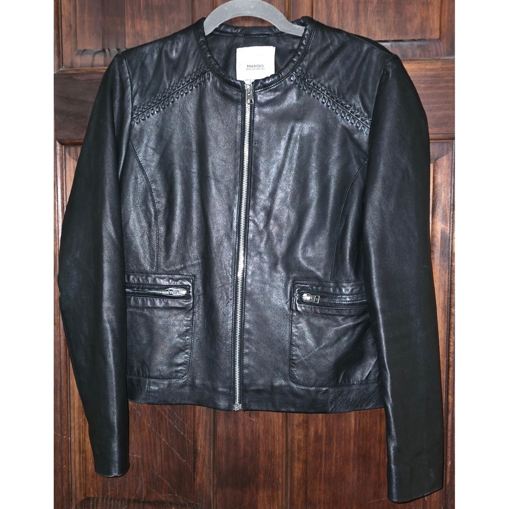 Mango Black Genuine Sheep Leather Collarless Moto Jacket Braided Detail S